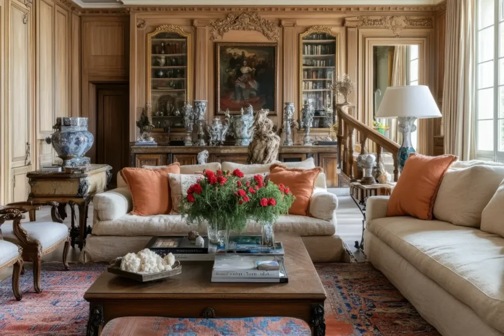 Elegant living room filled with fine art, antiques, and collectibles, representing luxury items that may be divided in a high-asset divorce.